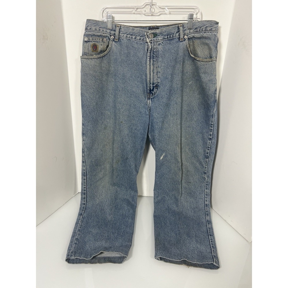 Vintage 1990s Tommy Hilfiger Jeans Mens 38x30 Blue Denim Big Flag 90s DISTRESSED